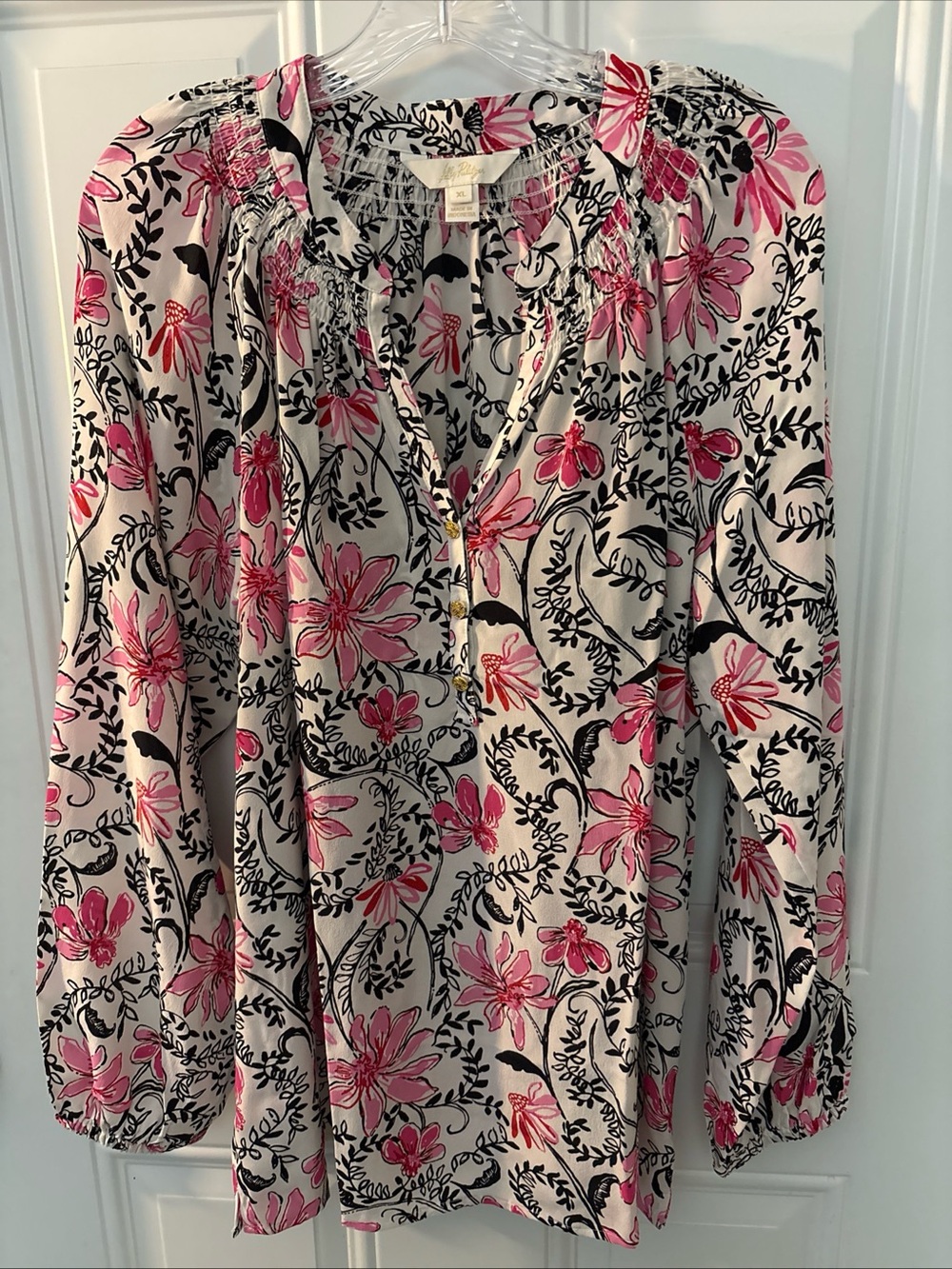 Lilly Pulitzer Blouse with Pink Floral & Black Vine Print with Smock V Neck
